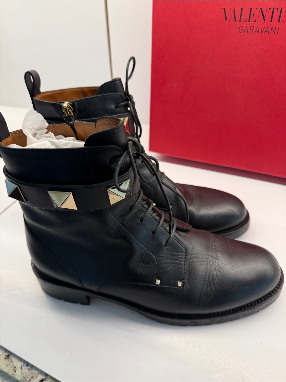 Valentino Garavani Black Leather Men’s Lace-Up Boots with Studded Ankle Strap